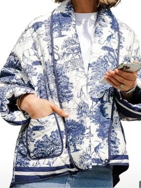Women's Blue & White Printed Quilted Shawl Jacket